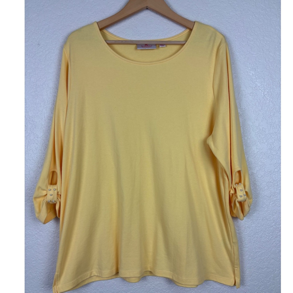 Quacker Factory Yellow Top with Faux Pearl Tab Cuffs Womens XL Extra Large Comfy
